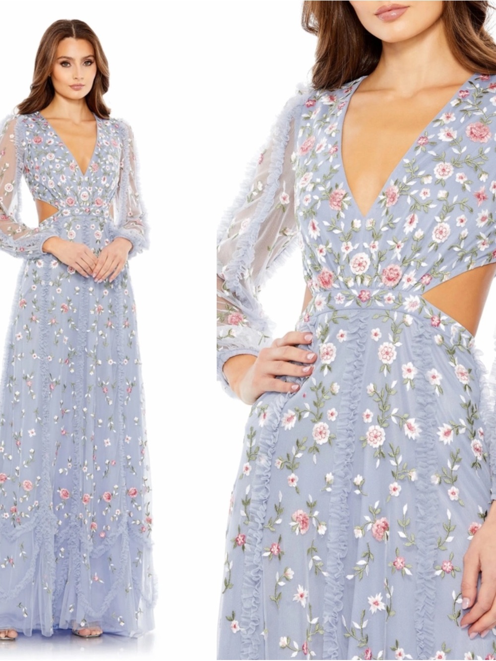 Mac Duggal 35107 Long Sleeve Embellished Cut Out A-Line Gown 8 NWT Periwinkle